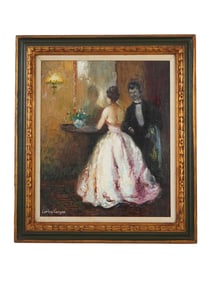 SIGNED CARLOS VARGAS PAINTING OF COUPLE NEAR THE MIRROR