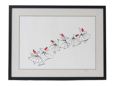 TURKISH DERVISH DANCE MIXED MEDIA PAINTING SIGNED
