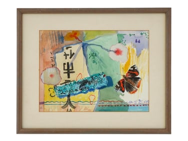 MODERNIST JAPANESE WATERCOLOR PAINTING W CALLIGRAPHY