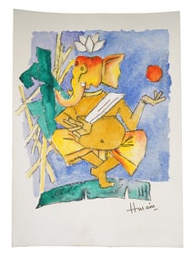 MID CENTURY INDIAN SCHOOL PAINTING SIGNED HUSAIN