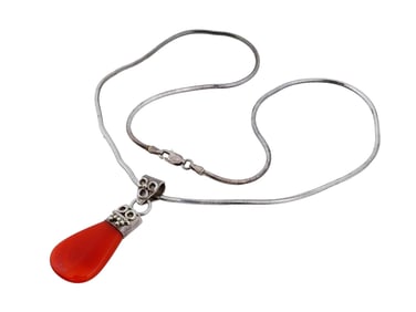 VINTAGE STERLING SILVER CORAL PENDANT NECKLACE