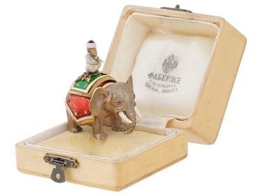 RUSSIAN GILT SILVER ENAMEL DIAMOND ELEPHANT FIGURE