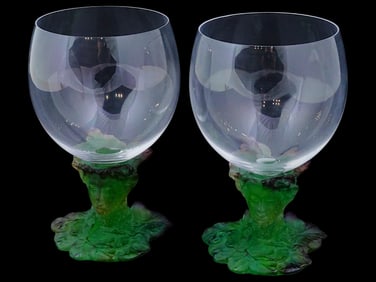 PAIR OF FRENCH DAUM BACCHUS GREEN AND CLEAR GLASSES