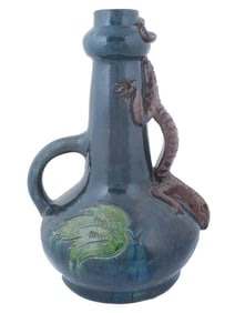 VINTAGE EUROPEAN POTTERY BLUE VASE WITH LIZARD