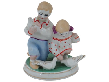 UKRANIAN SOVIET ERA PORCELAIN FIGURE CHILDREN W BIRDS