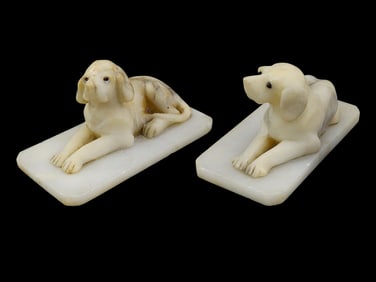 PAIR OF HAND CARVED ALABASTER DOG  PAPER WEIGHTS
