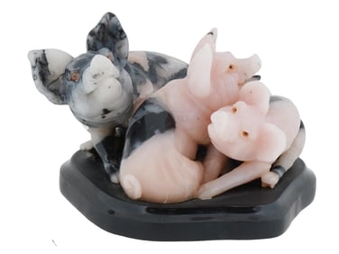 VINTAGE CARVED RHODONITE PIG FIGURINES ON A MARBLE BASE