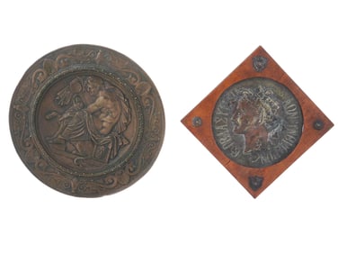 ANTIQUE BRONZE PLATE AND GREEK FEMALE RELIEF PLAQUE