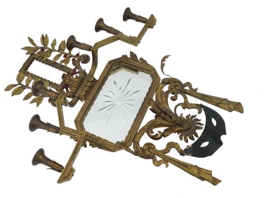 PATINATED BRONZE WALL PLAQUE W MIRROR CANDLE HOLDERS
