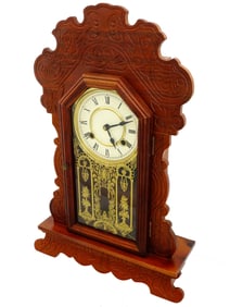 ANTIQUE HAND CARVED WOODEN MANTEL CLOCK