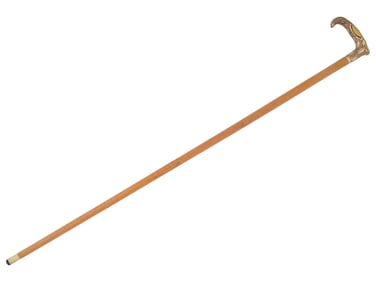 ANTIQUE CARVED WOOD WALKING CANE W 14K GOLD HANDLE