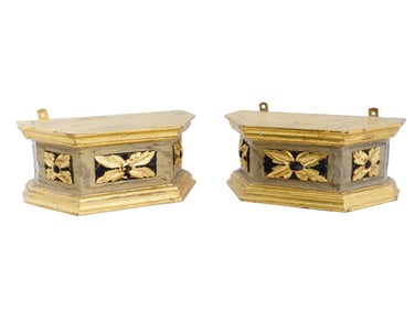 PAIR OF ITALIAN PAINTED GILT WOOD WALL SHELVES