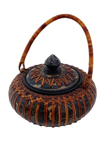 ANTIQUE JAPANESE SHOWA ERA WOOD WICKER RICE BASKET