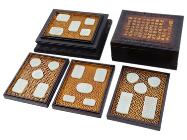SET OF CHINESE JADE PANELS W CALLIGRAPHY IN BOXES