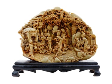 CHINESE CARVED SOAPSTONE MULTIFIGURED SCULPTURE ON BASE