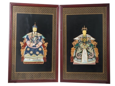 LARGE CHINESE ANCESTRAL PORTRAIT CARVINGS FRAMED