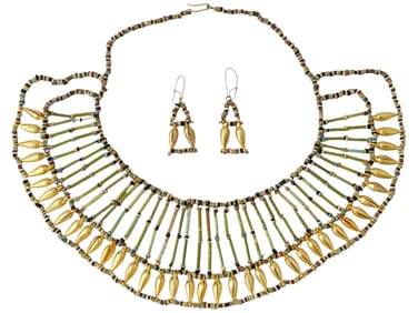 SET OF NECKLACE EARRINGS W ANCIENT CARVED STONE BEADS
