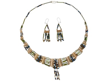 SET OF NECKLACE EARRINGS W ANCIENT CARVED STONE BEADS