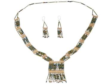 SET OF NECKLACE EARRINGS W ANCIENT CARVED STONE BEADS
