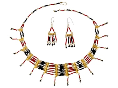 ANCIENT EGYPTIAN COLORED BEAD NECKLACE AND EARRINGS