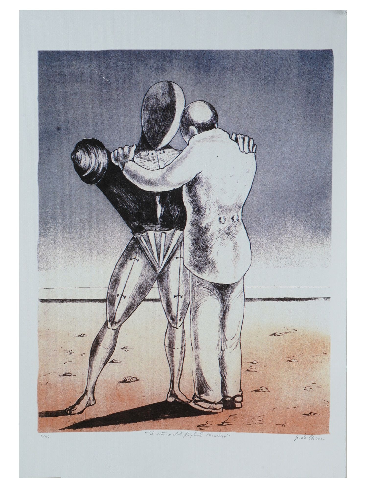 LTD ITALIAN LITHOGRAPH BY GIORGIO DE CHIRICO SIGNED: Giorgio de Chirico, Italian, 1888 to 1978, a limited edition color lithograph on paper, The Prodigal Son. Signed in pencil, lower right. Titled in pencil, lower to the center. Numbered 6 of 35 in penc
