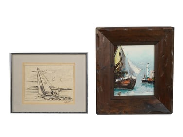 VINTAGE SEASCAPE OIL PAINTING AND LITHOGRAPH SIGNED