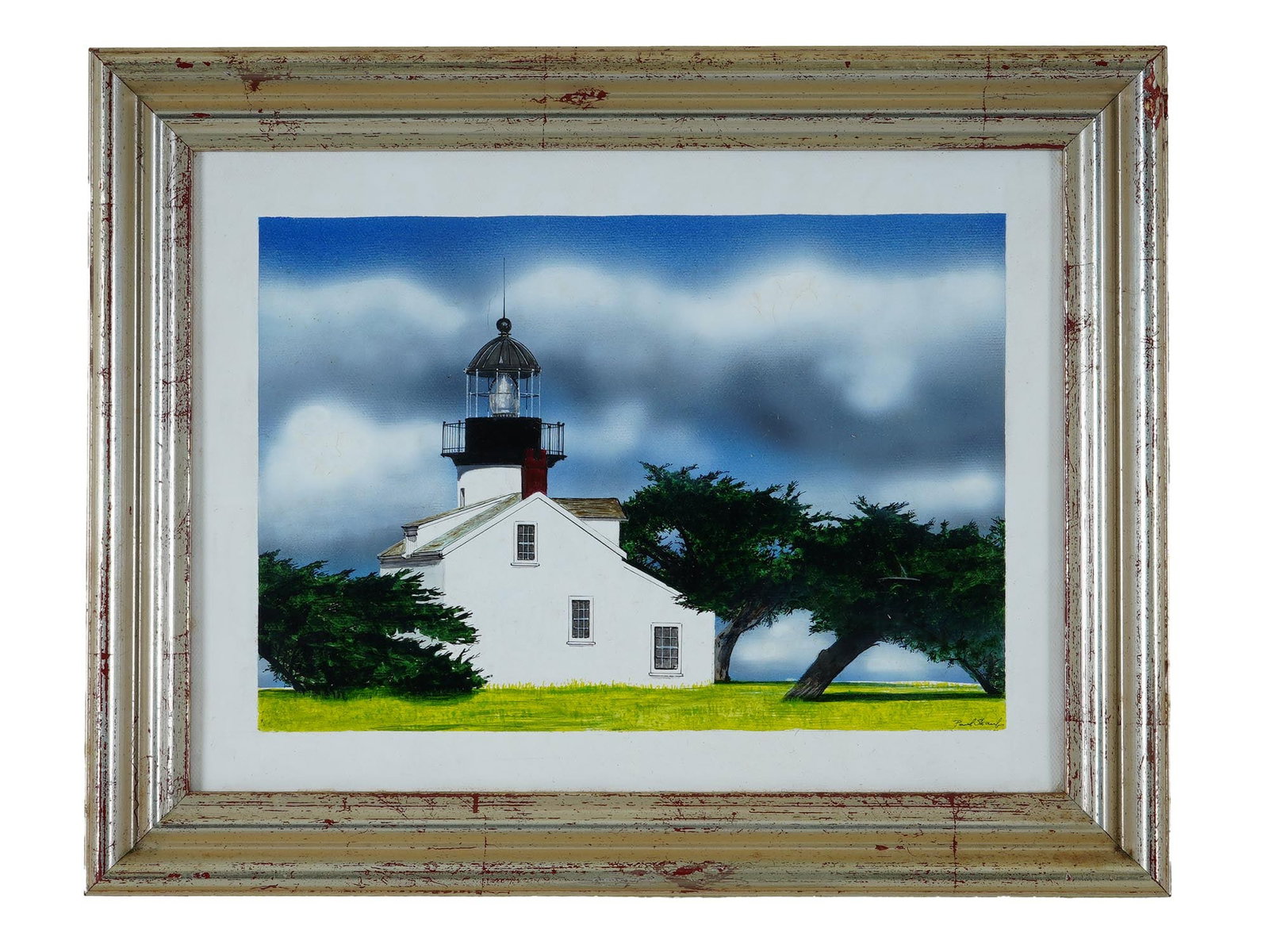 AMERICAN MIXED MEDIA PAINTING SIGNED PAUL SHAUB: A mixed media painting on canvas depicting the Point Pinos Lighthouse in a landscape. Signed, Paul Shaub, lower right. Framed. Paul Shaub, American, born 1923, is an American painter. He has had works