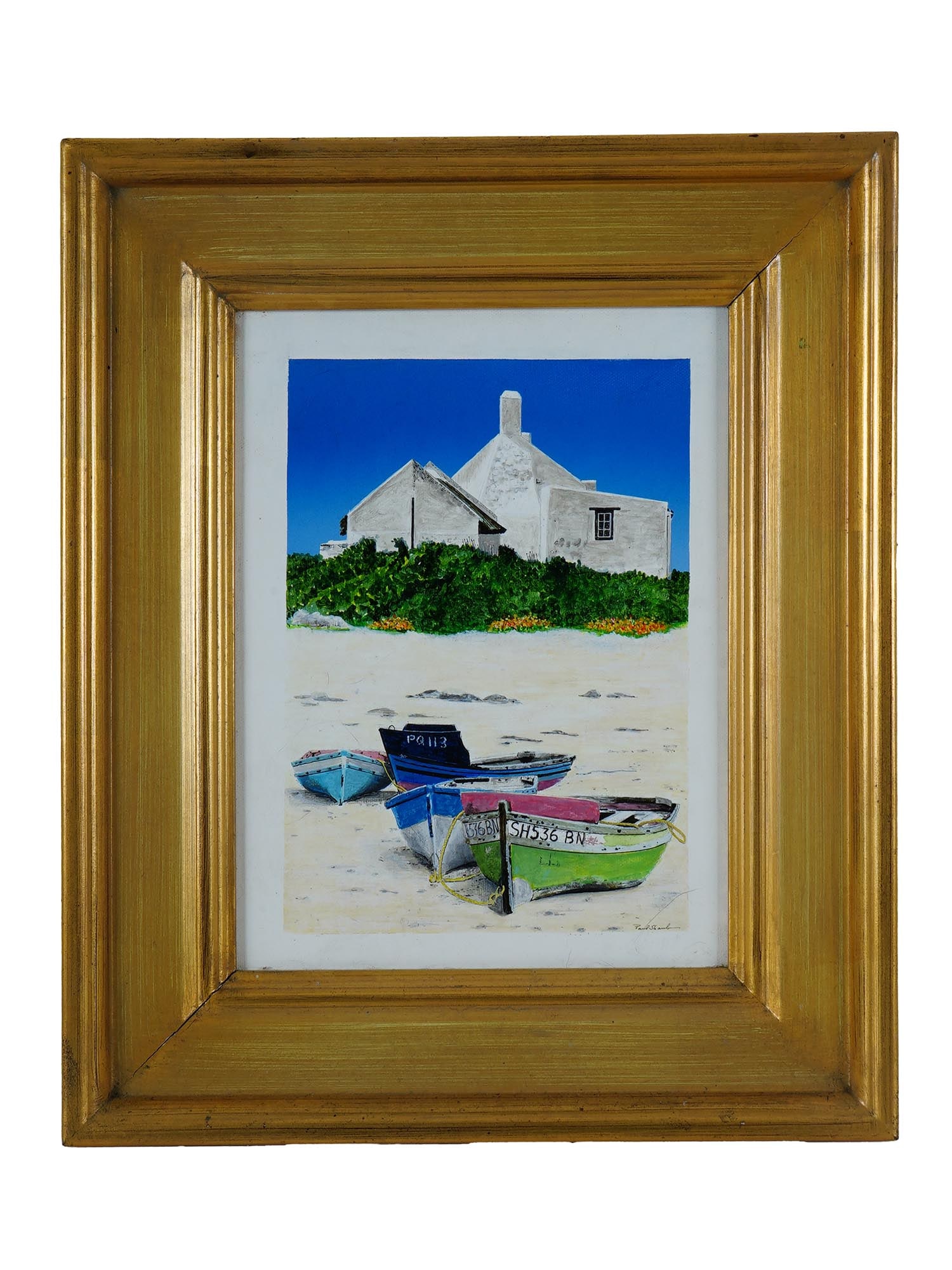 AMERICAN MIXED MEDIA PAINTING SIGNED PAUL SHAUB: A mixed media painting on canvas depicting a coastal landscape with boats and houses. Signed, Paul Shaub, lower right. Framed. Paul Shaub, American, born 1923, is an American painter. He has had works