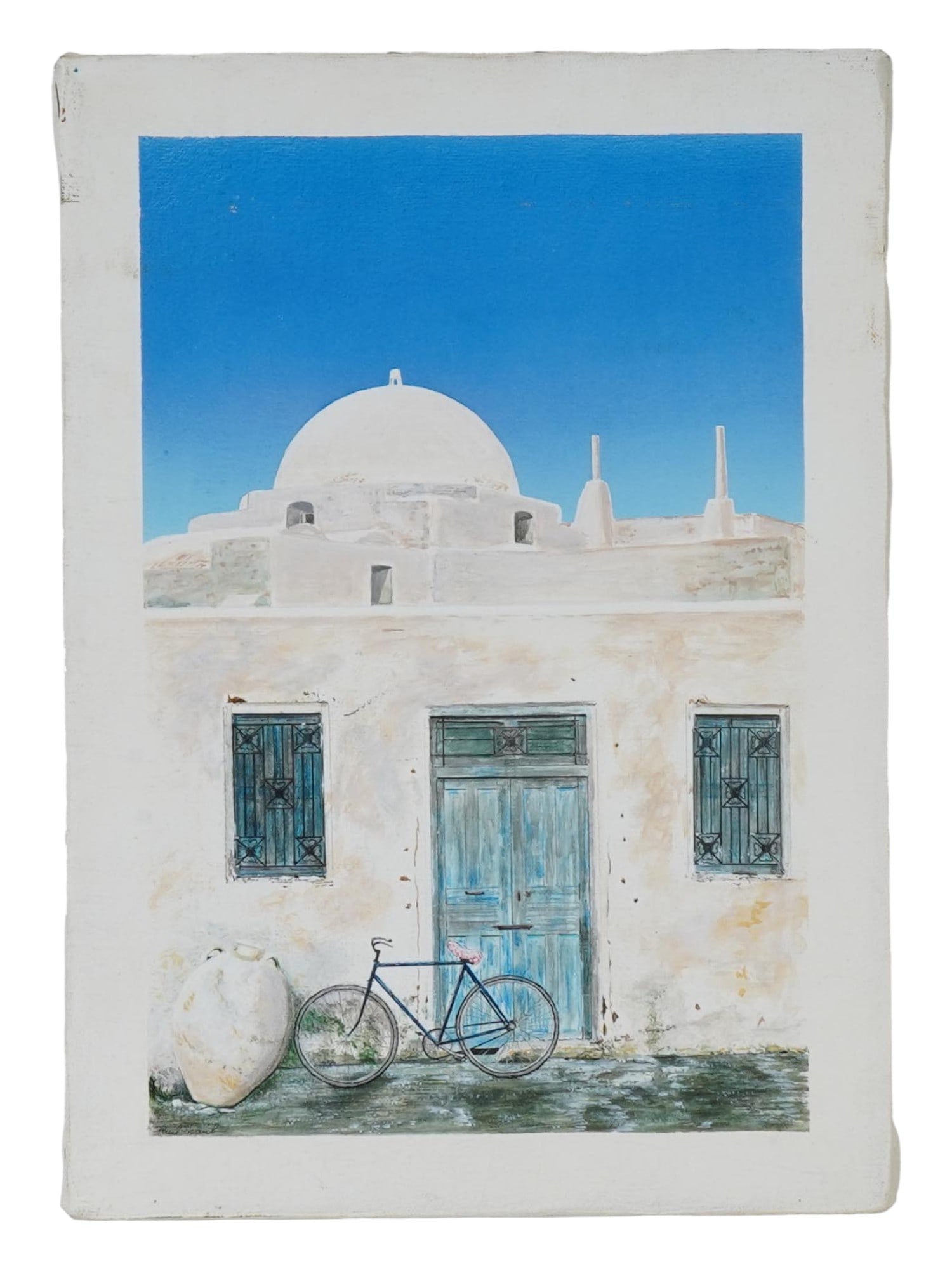 SIGNED PAUL SHAUB TUNISIA MIXED MEDIA PAINTING: A mixed media painting on canvas depicting a landscape with a building and a bicycle. Titled Tunisia. Signed, Paul Shaub, lower left. Inscribed on the backside. Paul Shaub, American, born 1923, is an 