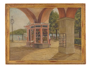 MID CENTURY OIL PAINTING ON CAVNAS STREET SCENE