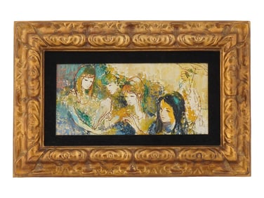 MID CENTURY MIXED MEDIA PAINTING FEMALE FIGURES SIGNED