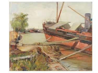 EUROPEAN MARINE PAINTING RED BOAT SIGNED M. LUIZ 1937