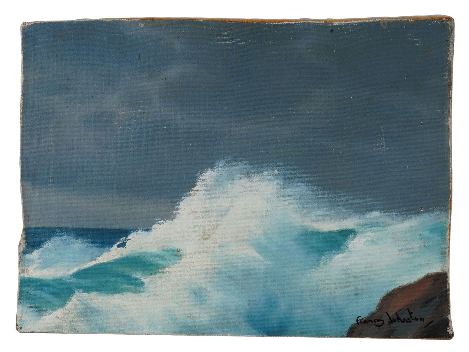 SEASCAPE OIL PAINTING SIGNED FRANZ JOHNSTON: An oil painting on board, signed Franz Johnston, Canadian, 1888 to 1949, depicting a seascape. Signed lower right. Franz Johnston, 1888 to 1949, a Canadian landscape artist, member of the Group of Sev
