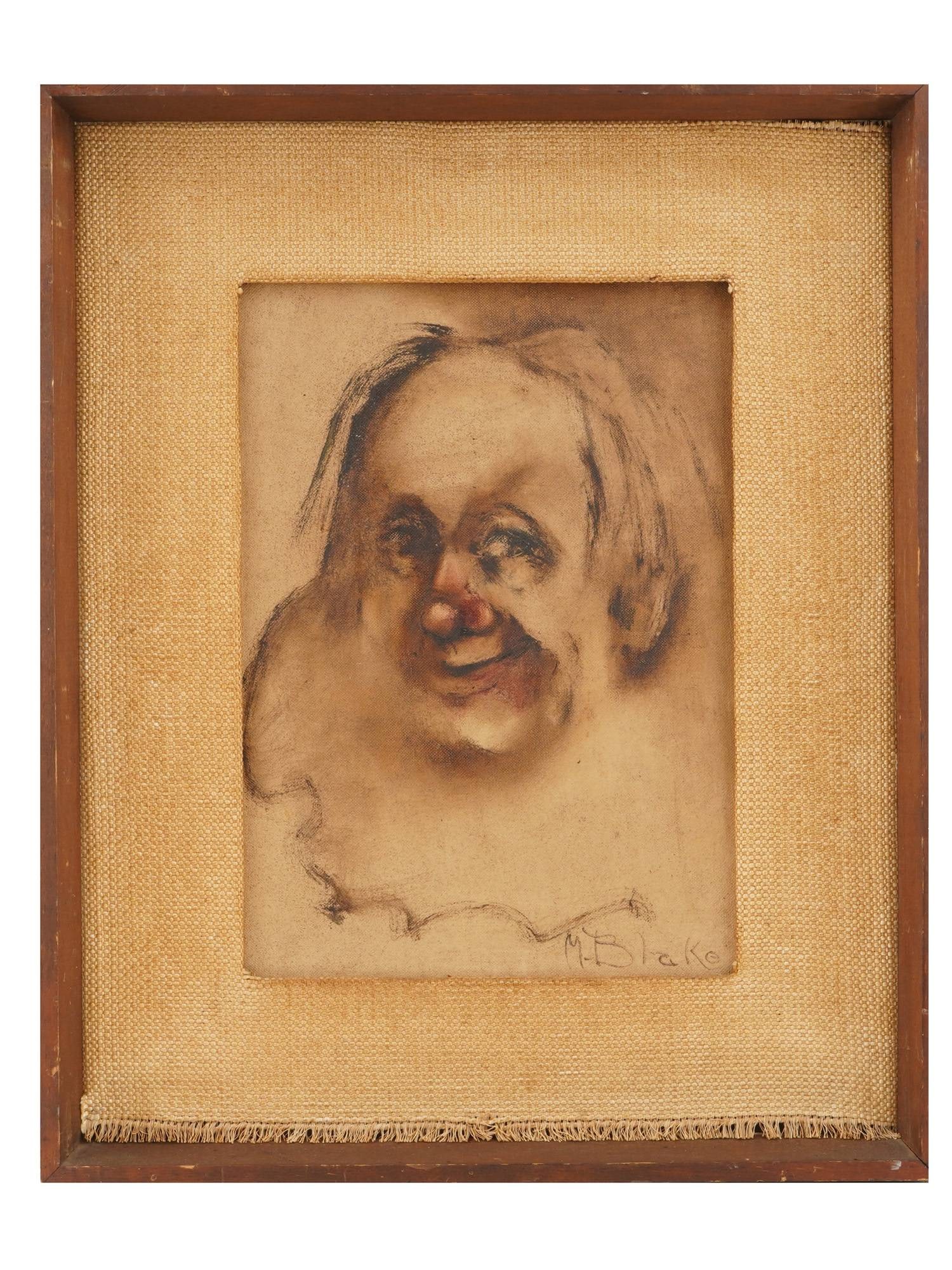 ANTIQUE OIL CLOWN PORTRAIT PAINTING BY M BLAKE: An antique oil on board clown portrait painting by M. Blake. Presumably of American origin. Circa mid to late 19th century. The painting depicts a smiling elderly man wearing clown makeup. Signed lowe