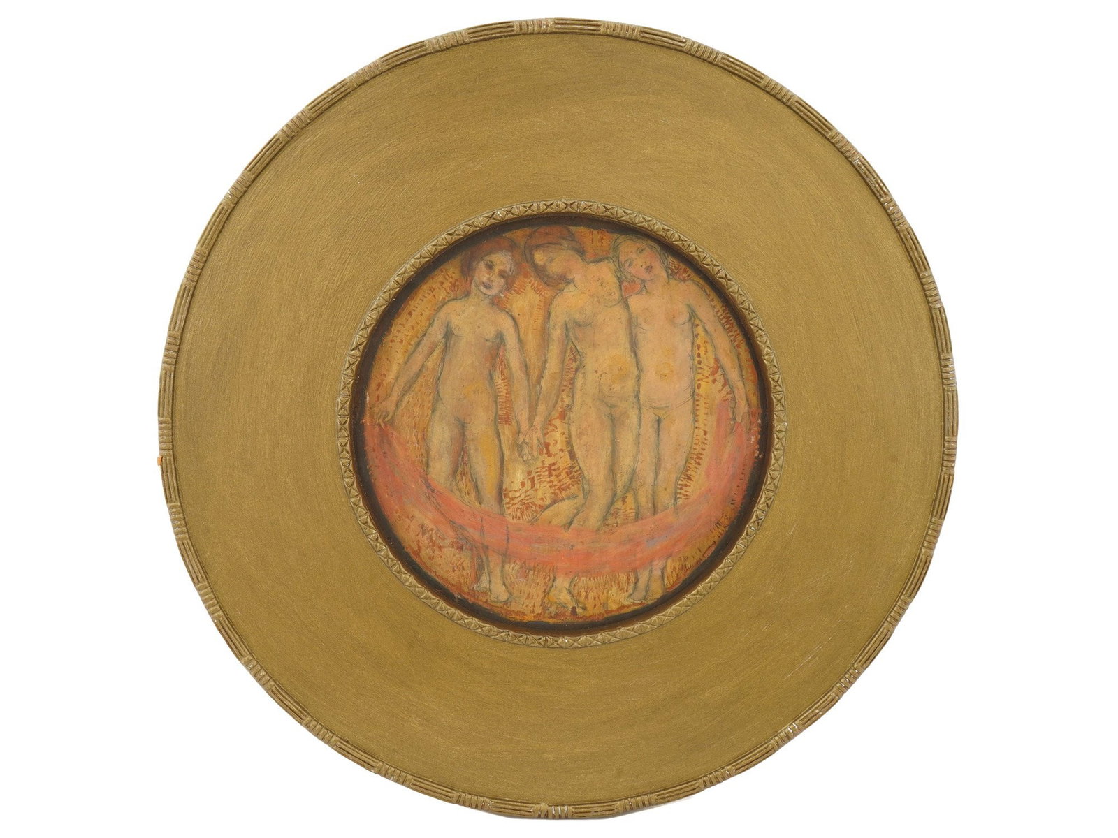 VINTAGE TRIEFF MIX MEDIA ON WOOD BOARD NUDE PAINTING: A vintage mixed media on wood board nude painting. The painting depicts a composition with three nude girls and a pink ribbon. Housed in a wide round frame. The artwork is signed Trieff and dated 1967