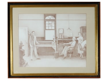 EARLY IBM OFFICE SCENE MIXED MEDIA ARTWORK PAINTING