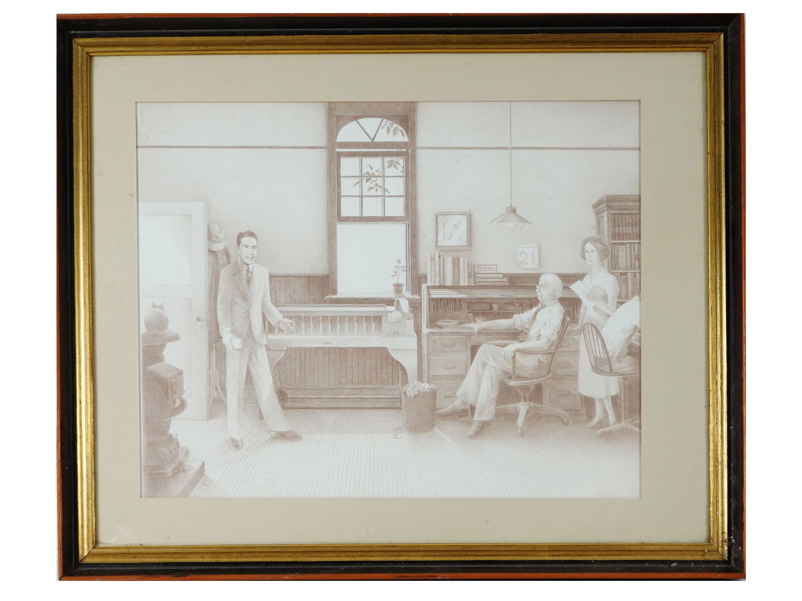 EARLY IBM OFFICE SCENE MIXED MEDIA ARTWORK PAINTING (1 of 3)