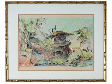 AMERICAN LANDSCAPE MIXED MEDIA PAINTING SIGNED