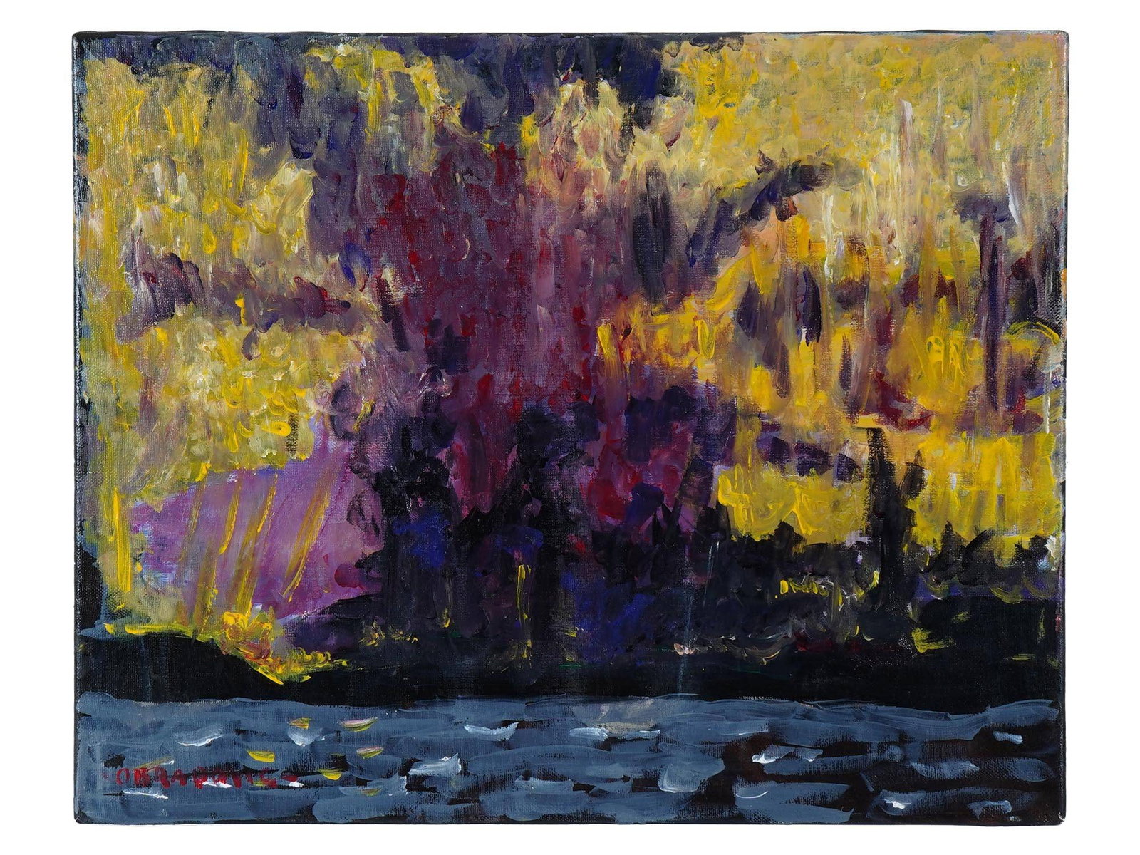 ABSTRACT CANADIAN OIL PAINTING BY JUSTIN OBRADOVIC: Justin Obradovic, Canadian, born 1989, oil painting on canvas depicting an Abstract Expressionist landscape. Signed lower left. Additionally signed, and dated, 2025, on the backside. Justin Obradovic