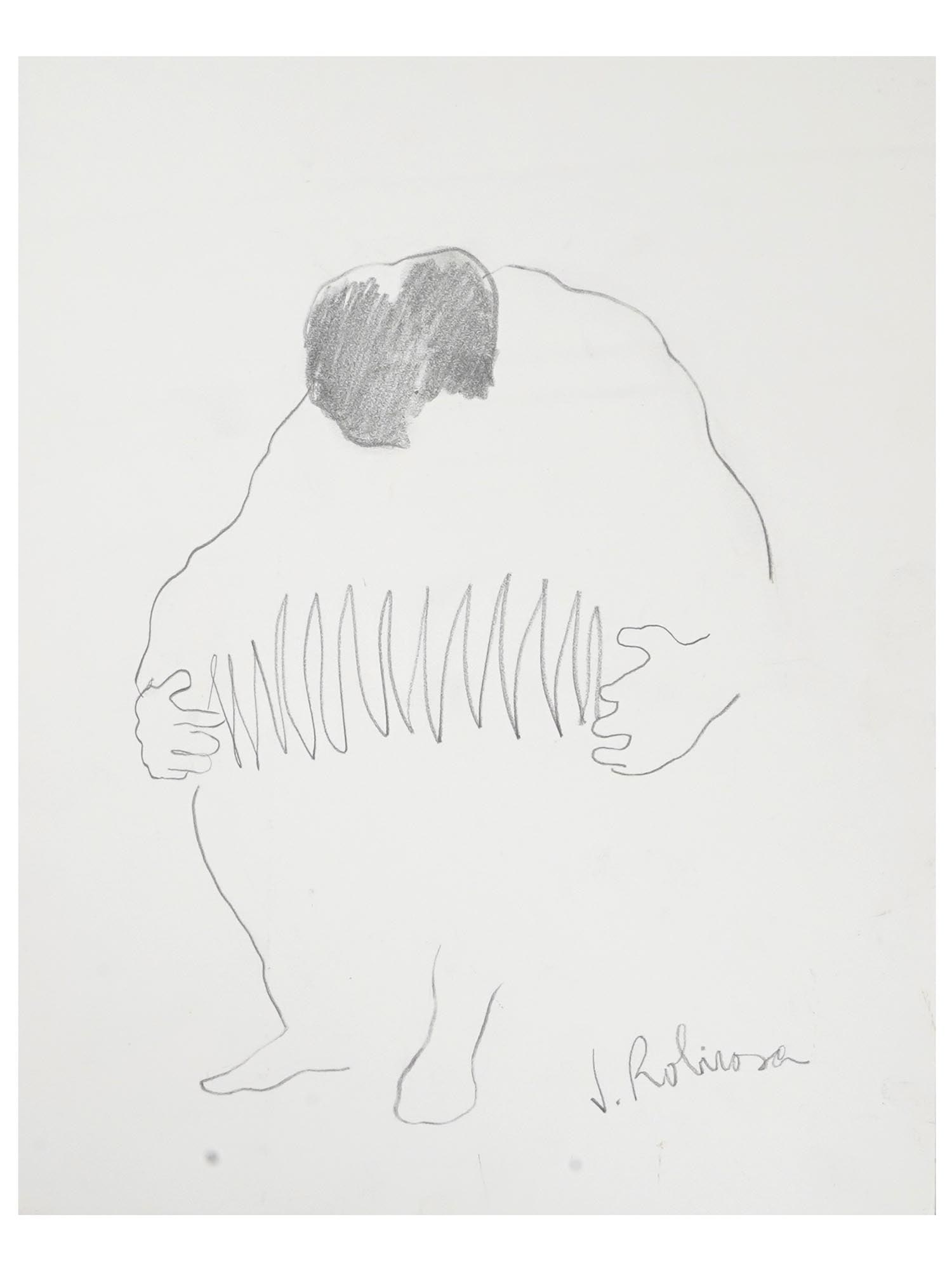AFTER JOSEFINA ROBIROSA ARGENTINE GRAPHITE PAINTING: Graphite on paper drawing. After Josefina Robirosa, 1932 to 2022, an Argentine Modernist artist and muralist. The piece depicts a man playing the accordion. Signed in the lower right. Collectible Grap