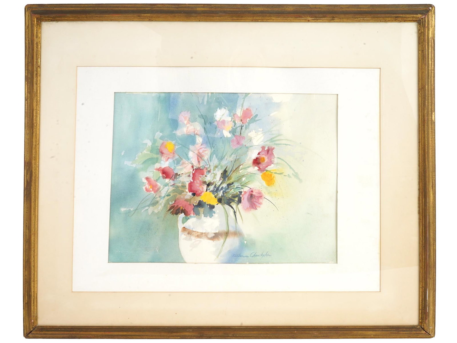 LAVERNE CHRISTOPHER AMERICAN WATERCOLOR PAINTING: Watercolor on paper painting by LaVerne Christopher, a contemporary American artist based in Provincetown. The artwork depicts flowers in a vase. Signed by the artist in the lower right. Undated. Matt