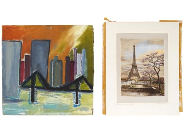 MODERN PAINTINGS NEW YORK CITY AND EIFFEL TOWER SIGNED