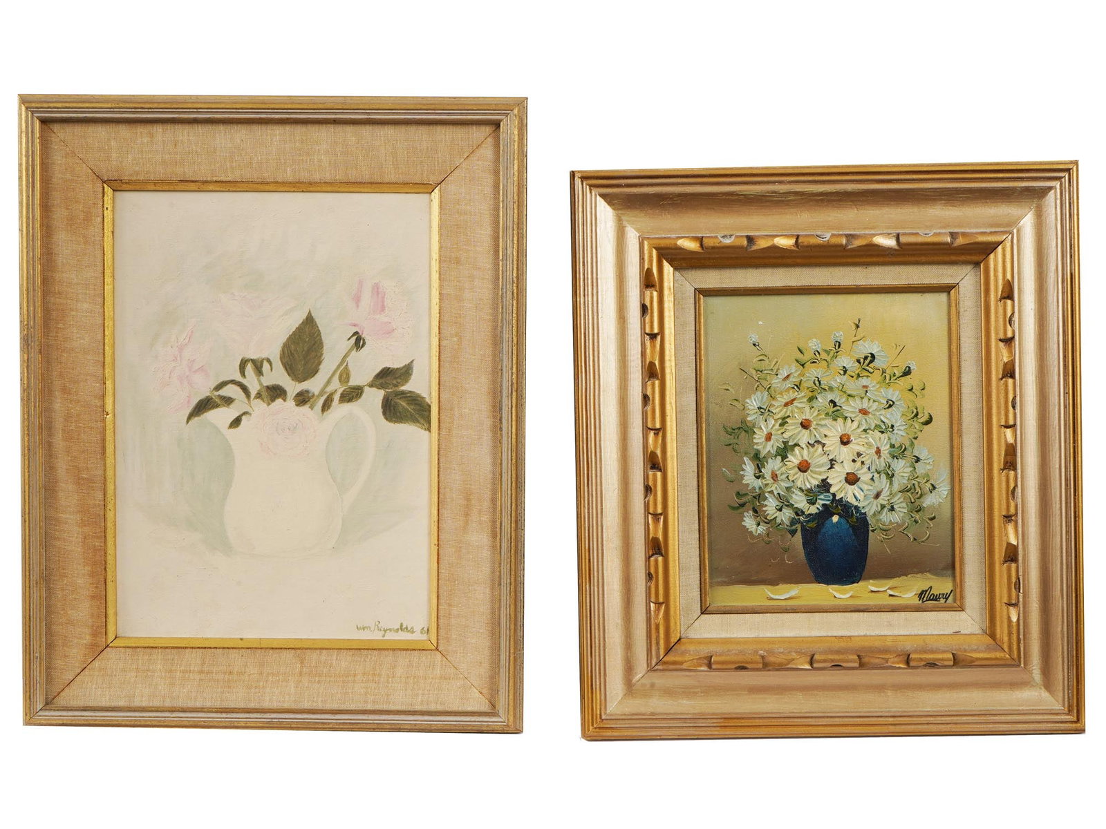 WM REYNOLDS AND MAURY OIL STILL LIFE PAINTINGS: A lot of two oil on canvas and oil on board still life paintings. Presumably of American origin. The first painting is made in light, delicate shades and depicts roses in a white jug. Signed W. M. Rey