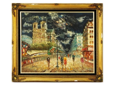 PARISIAN STREET SCENE OIL PAINTING SIGNED BURNEY