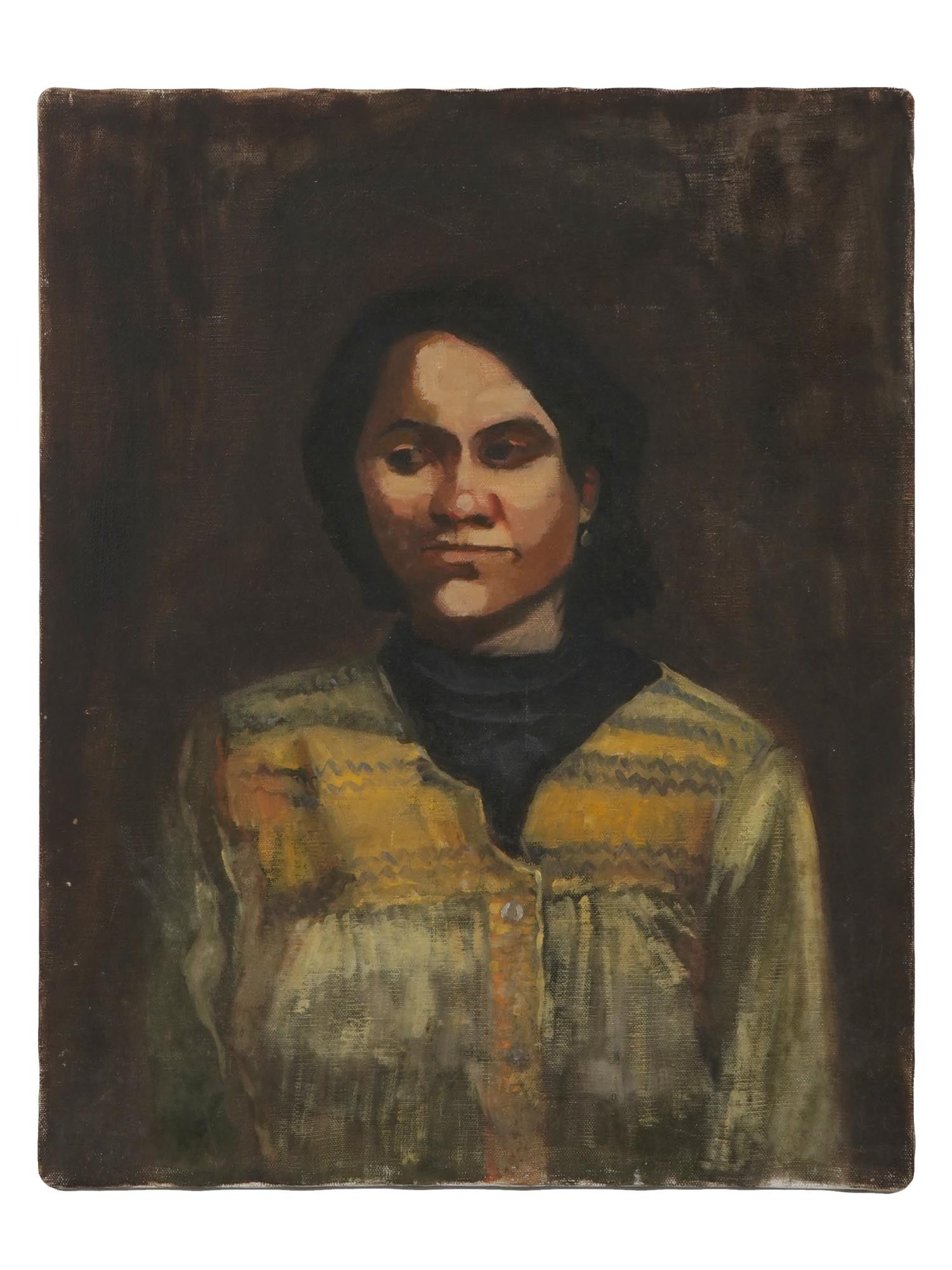 MID CENT AMERICAN SCHOOL EXPRESSIONIST PAINTING: A vintage American School oil painting on canvas depicting a portrait of a woman in the manner of Expressionism. Unsigned. Vintage and Modern American and European Fine Art, female Portrait Paintings,
