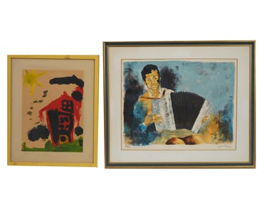 MID CENT ARTWORKS ACCORDIONIST LITHOGRAPH AND PAINTING