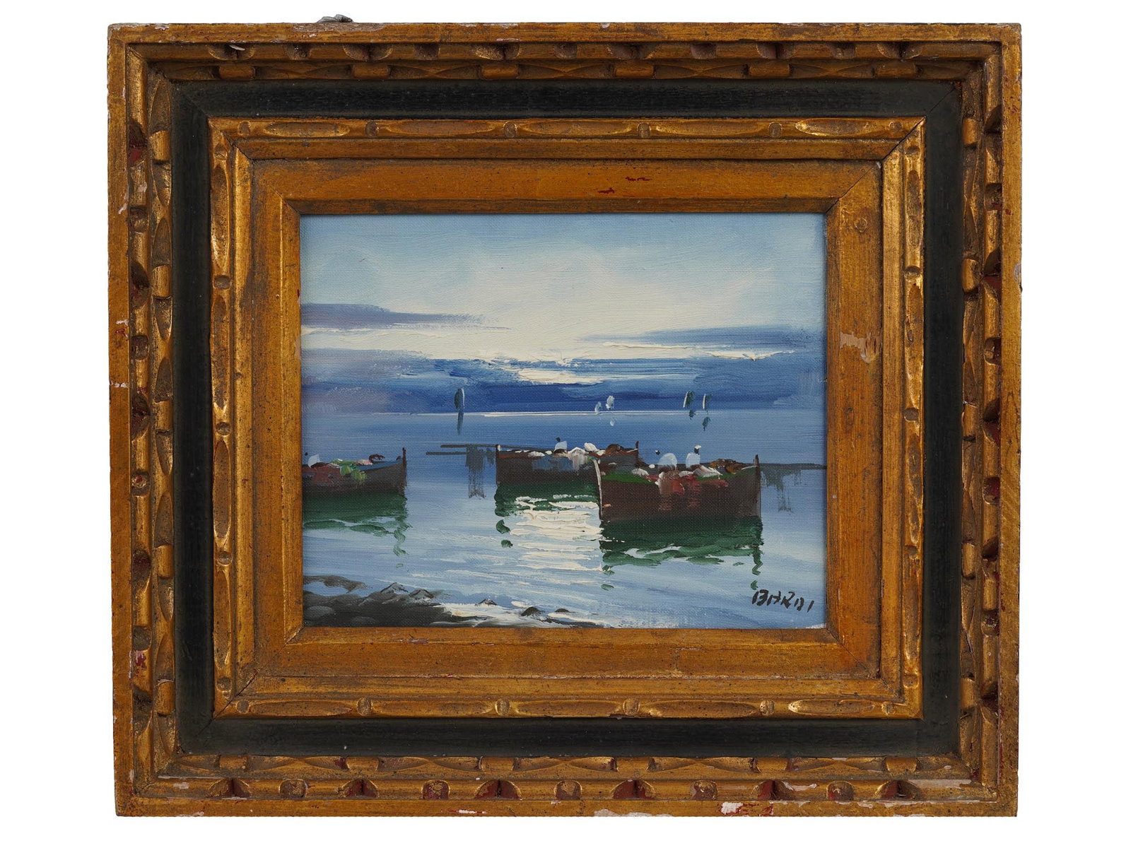 ITALIAN SEASCAPE OIL PAINTING SIGNED BARDI: Oil on canvas painting. Italian, late 20th century. The artwork depicts a seascape, boats on water. Impressionist pictorial manner. Signed by the artist in the lower right, Bardi. Golden frame. Collec