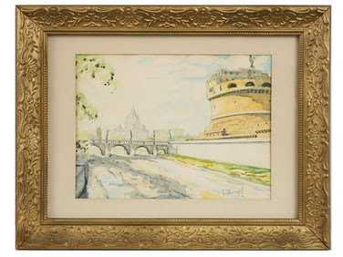 MID CENTURY VATICAN LANDSCAPE WATERCOLOR PAINTING