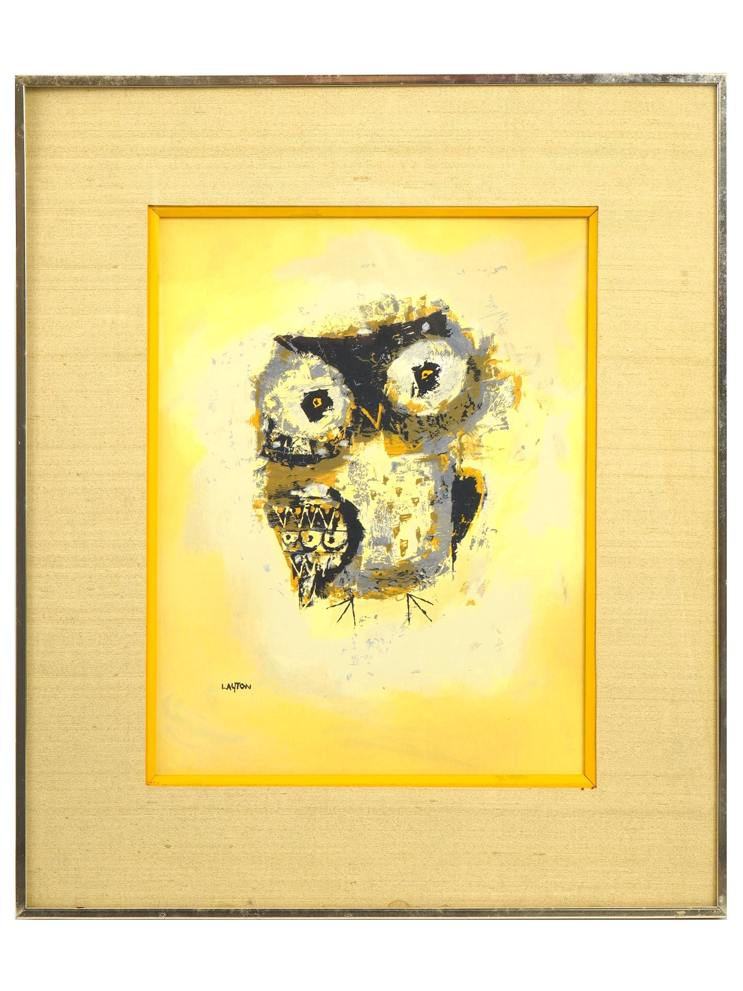 VINTAGE DECORATIVE PAINTING OF AN OWL SIGNED: Acrylic on board painting. American, late 20th century. The artwork depicts a cartoon owl in yellow color palette. Signed by the artist in the lower left, Layton. Textile mat, metal frame. Collectible