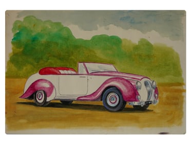 ART DECO MANNER RETRO CAR MIXED MEDIA PAINTING